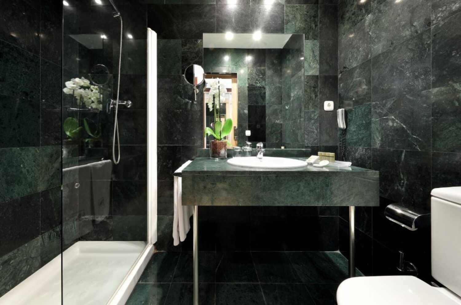 Private marble bathroom with shower at Dorma Tartessos